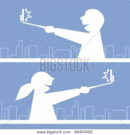 Girl and boy taking a photo with selfie stick - traveling people