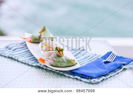 Vietnamese Spring Rolls With Vegetables And Coriander On A Plate