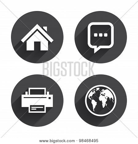 Home main page and globe signs. Printer, chat