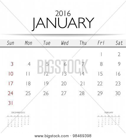 2016 calendar, monthly calendar template for January. Vector illustration.