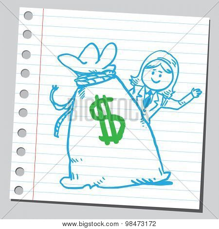 Businesswoman behind money bag