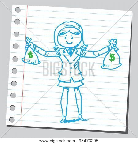 Businesswoman holding two money bags
