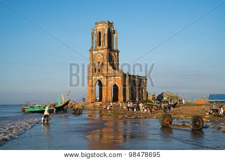 The fallen church (nha tho do) in sunrise in Hai Ly, Nam Dinh, Vietnam