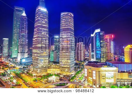 Night View Skyscrapers, City Building Of Pudong, Shanghai, China.