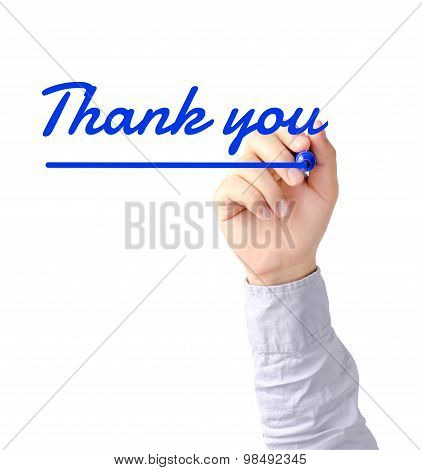 Hand Writing Thank You With Blue Marker On Transparent Board