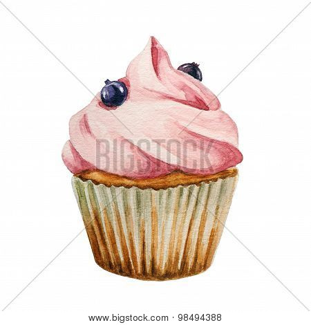 Watercolor cupcake, isolated