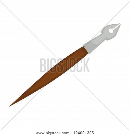 Old-fashioned pen with sharp metal end and dark wooden holder that writes with special liquid black ink isolated vector illustration on white background. Cartoon flat vintage writing instrument.