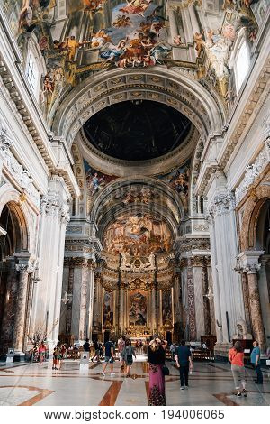 Rome Italy - August 18 2016: Interior view of church of St. Ignatius of Loyola. It is a Roman Catholic titular church dedicated to Ignatius of Loyola the founder of the Society of Jesus. Built in Baroque style