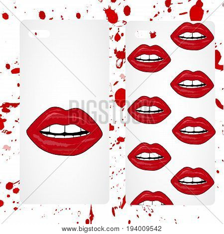 Phone case collection.Cosmetics and makeup pattern. Closeup beautiful lips of woman with red lipstick and gloss. Sexy wet lip make-up. Open mouth. Sweet kiss.Retro mobile phone decals.
