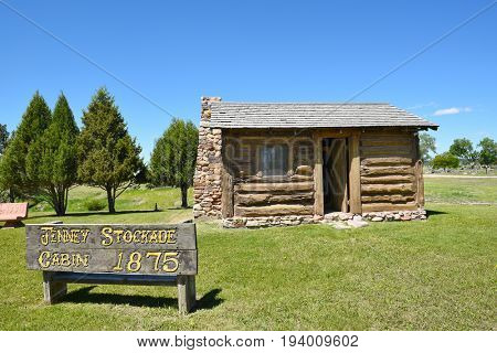 NEWCASTLE, WYOMING - JUNE 23, 2017: Anna Miller Museum  Jenney Stockade. The main museum is housed in the Wyoming Army National Guard Cavalry Stable, the last calvary stable in Wyoming.