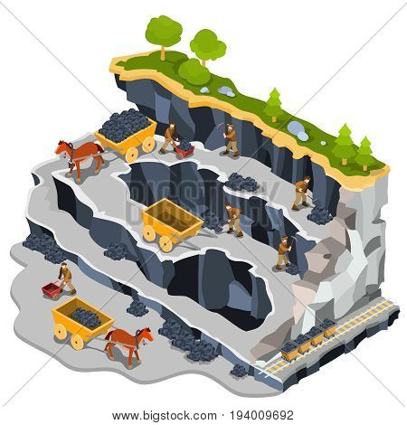 3D isometric illustration of a coal mine quarry with miners, coal trolleys, horse-drawn carts. The concept of coal mining with the help of manual labor