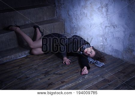Crime Scene With Strangled Retro Styled Fashion Woman In A Darkplace