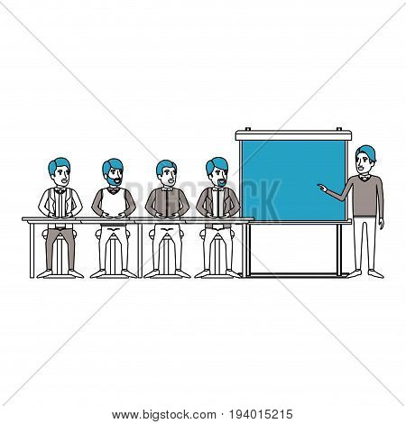 silhouette color sections with men group sitting in a desk for executive male in presentacion business people vector illustration