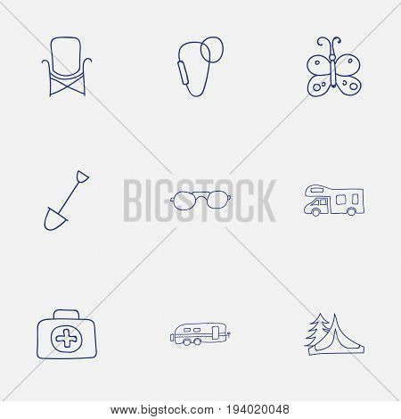 Set Of 9 Editable Travel Icons. Includes Symbols Such As Carabine, Eyeglasses, Medical Kit And More. Can Be Used For Web, Mobile, UI And Infographic Design.