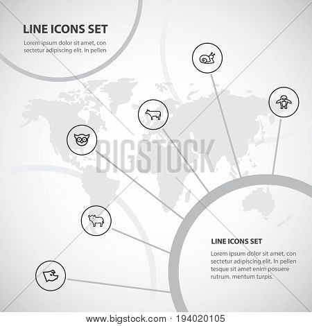 Set Of 6 Editable Zoology Icons. Includes Symbols Such As Predator Bird, Penguin, Escargot And More. Can Be Used For Web, Mobile, UI And Infographic Design.