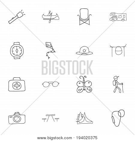 Set Of 16 Editable Trip Icons. Includes Symbols Such As Beach Hat, Boat, Campfire Cooking And More. Can Be Used For Web, Mobile, UI And Infographic Design.