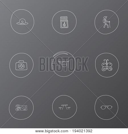 Set Of 9 Editable Travel Icons. Includes Symbols Such As Beauty Insect, Caravan, Hiker And More. Can Be Used For Web, Mobile, UI And Infographic Design.