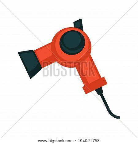 Vector illustration of black and red colored hair dryer with wire isolated on white.