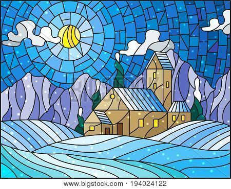Illustration in stained glass style with abstract winter landscapea lonely house amid fields mountains sky and falling snow
