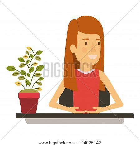 silhouette color closeup half body woman assistant in desk with straight long redhair vector illustration