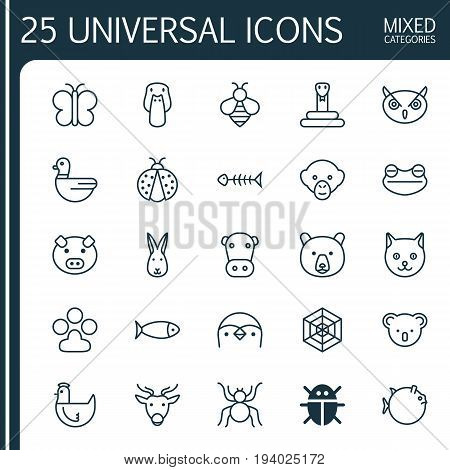 Zoology Icons Set. Collection Of Diver, Seafood Skeleton, Moth And Other Elements. Also Includes Symbols Such As Animal, Owl, Grizzly.