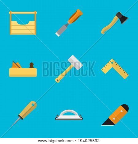 Set Of 9 Editable Tools Icons. Includes Symbols Such As Jointer, Axe, Emery Paper And More. Can Be Used For Web, Mobile, UI And Infographic Design.