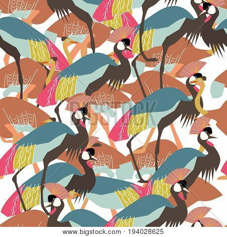 Summer seamless pattern with exotic large birds. Ostrich and crane vector pattern for fabric