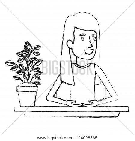 blurred silhouette half body woman assistant in desk with straight long redhair vector illustration