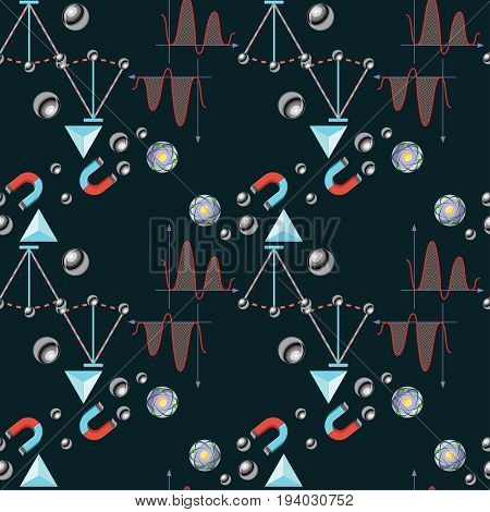 Physics themed seamless pattern with magnets, atoms, metal balls, pendulums, prisms, and graphs. Back to school collection, part 2. Cartoon vector illustration in flat style.
