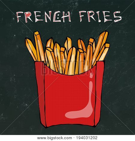 French Fries in Paper Box. Fried Potato Fast Food in a Red Package. Vector Illustration Isolated on a Black Chalkboard Background. Realistic Hand Drawn Doodle Style Sketch.