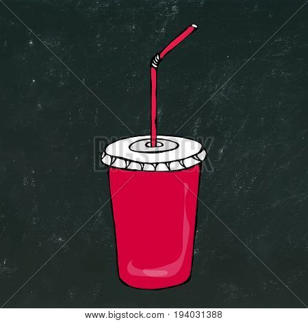 Red Paper Cup with Lid and Straw, Glass for Beverage Takeaway. Vector Illustration Isolated on a Black Chalkboard Background. Realistic Hand Drawn Doodle Style Sketch.