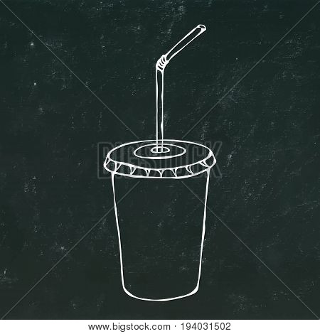 Paper Cup with Lid and Straw, Glass for Beverage Takeaway. Vector Illustration Isolated on a Black Chalkboard Background. Realistic Hand Drawn Doodle Style Sketch.