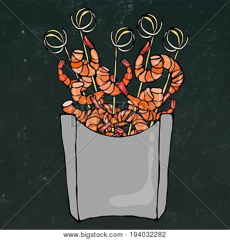 Shrimp on Wood Stick, Prawn Kebab, Seafood BBQ, Canapes in Paper Box. Sea Fast Food in Package.Vector Illustration Isolated on a Black Chalkboard Background. Realistic Hand Drawn Doodle Style Sketch.