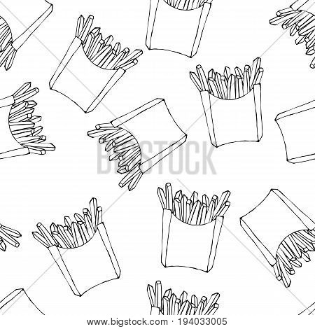 Crispy french fries seamless pattern with paper boxes of fried potato. Realistic Hand Drawn Doodle Style Sketch. Vector Illustration Isolated On a White Background.