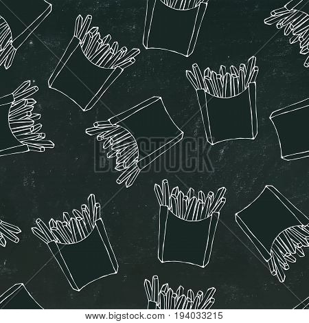 Crispy french fries seamless pattern with paper boxes of fried potato. Vector Illustration Isolated on a Black Chalkboard Background. Realistic Hand Drawn Doodle Style Sketch.