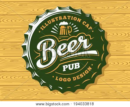 Mug beer logo on cap - vector illustration, emblem brewery design on wood background
