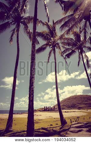 Anakena Palm Beach And Moais Statues Site Ahu Nao Nao, Easter Island