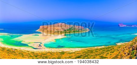 View of the beautiful beach in Balos Lagoon beach and Gramvousa island on Crete Greece.