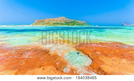 Balos Lagoon beach and Gramvousa island on Crete Greece.