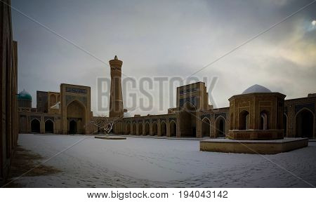 Mosque Kalyan minaret and courtyard as part of Po-i-Kalyan complex at Bukhara Uzbekistan
