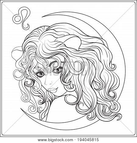 Leo. A young beautiful girl In the form of one of the signs of the zodiac.  Outline hand drawing coloring page for adult coloring book. Stock line vector illustration.