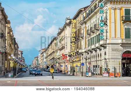 CUNEO ITALY - JUNE 11 2011: View along Corsa Nizza street toward Alps. Cuneo is one of the most visited cities in Piedmont