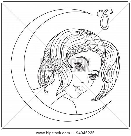 Aries. A young beautiful girl In the form of one of the signs of the zodiac.  Outline hand drawing coloring page for adult coloring book. Stock line vector illustration.