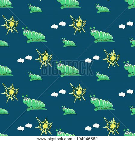 Seamless pattern green cartoon caterpillar on blue background with white clouds, yellow sun