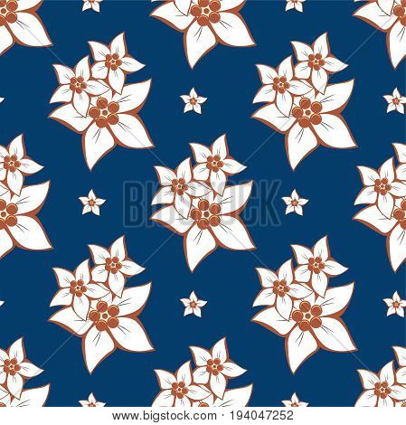 Bright seamless floral pattern with white flowers on a blue background