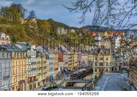 Historical houses along Tepla river in city center of Karlovy Vary Czech republic