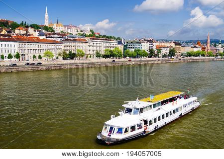 BUDAPEST HUNGARY - MAY 6: Boat on river danube in capital city of Hungaria on May 6 2017 in Budapest