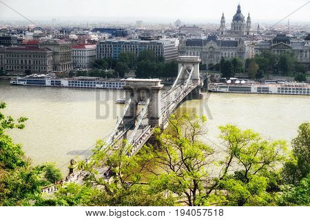 Chain bridge over river Danube in Budapest Hungary