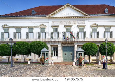 BUDAPEST HUNGARY - MAY 6: Military guard of honor in front of building on May 6 2017 in Budapest