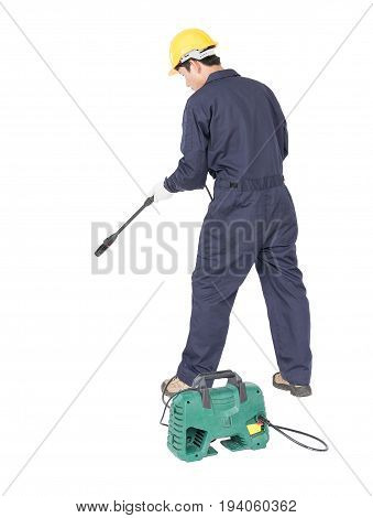 Young Man Stand And Holding High Pressure Water Gun